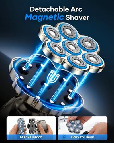 7D Kopfrasierer für Glatzköpfige Männer, 5-in-1 Magnetisch Abnehmbarer Rasierer, IPX7 Wasserdichter Elektrorasierer für Nass-/Trockenanwendung, Rasier- und Pflegeset mit LED-Anzeige, Typ-C-Ladung