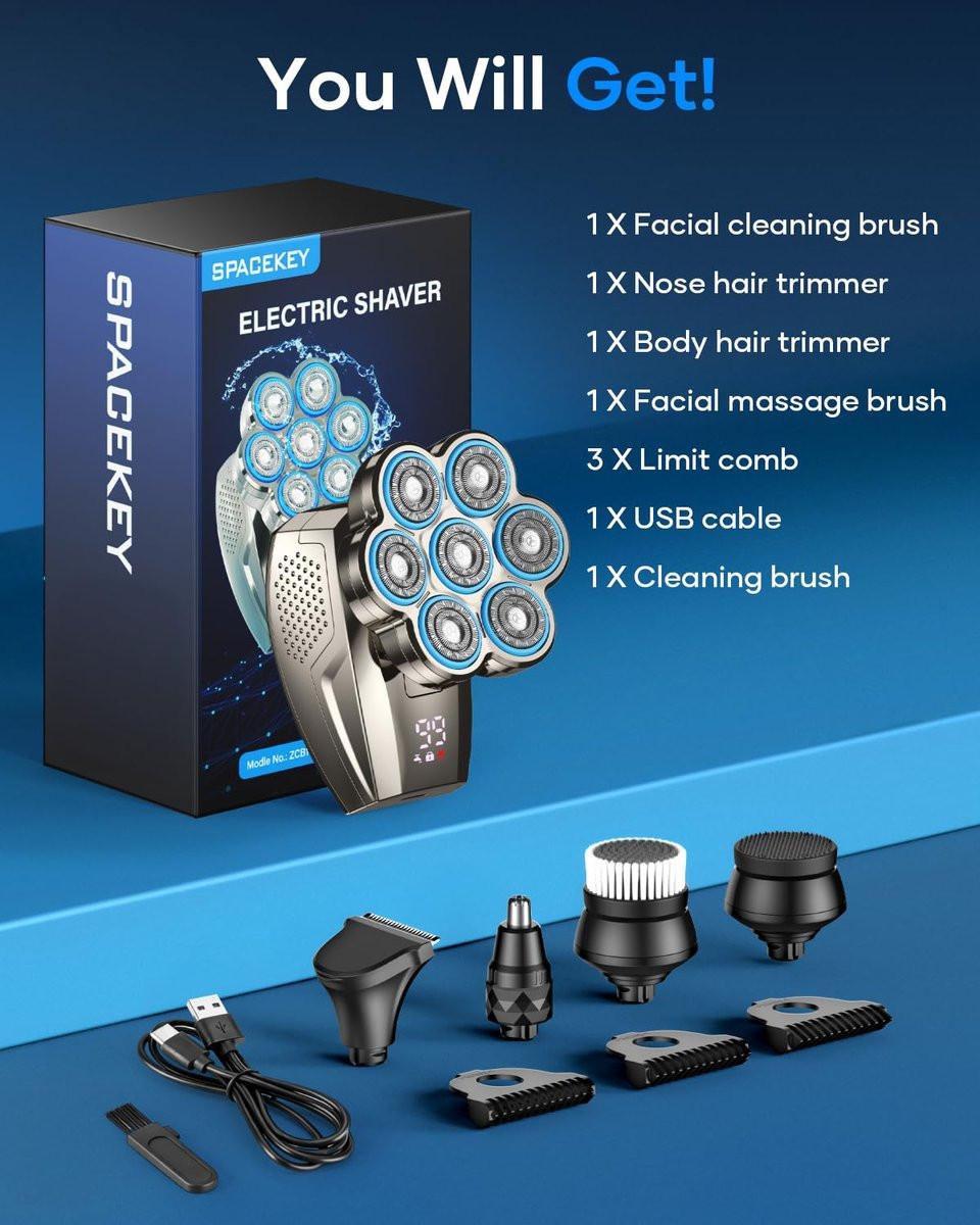 7D Kopfrasierer für Glatzköpfige Männer, 5-in-1 Magnetisch Abnehmbarer Rasierer, IPX7 Wasserdichter Elektrorasierer für Nass-/Trockenanwendung, Rasier- und Pflegeset mit LED-Anzeige, Typ-C-Ladung