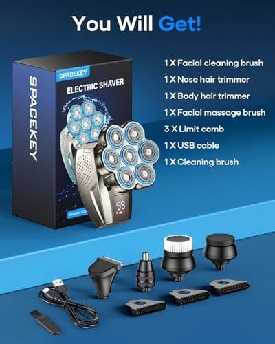 7D Kopfrasierer für Glatzköpfige Männer, 5-in-1 Magnetisch Abnehmbarer Rasierer, IPX7 Wasserdichter Elektrorasierer für Nass-/Trockenanwendung, Rasier- und Pflegeset mit LED-Anzeige, Typ-C-Ladung