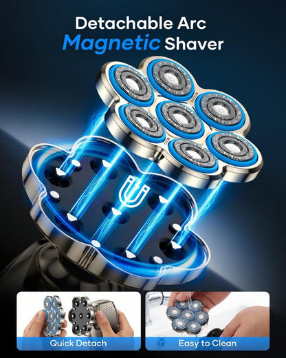 7D Kopfrasierer für Glatzköpfige Männer, 5-in-1 Magnetisch Abnehmbarer Rasierer, IPX7 Wasserdichter Elektrorasierer für Nass-/Trockenanwendung, Rasier- und Pflegeset mit LED-Anzeige, Typ-C-Ladung