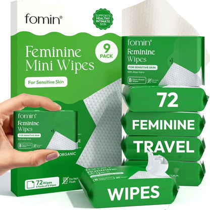 FOMIN Feminin Feuchttücher für Frauen - 9er Pack (72 Tücher) - pH-ausgeglichene Intimreinigungstücher mit Aloe Vera - Für empfindliche Haut - Einzelverpackt - Reiseutensilien & Geschenke für Frauen & Teenager