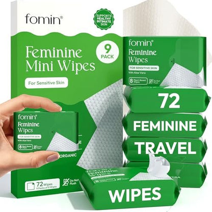FOMIN Feminin Feuchttücher für Frauen - 9er Pack (72 Tücher) - pH-ausgeglichene Intimreinigungstücher mit Aloe Vera - Für empfindliche Haut - Einzelverpackt - Reiseutensilien & Geschenke für Frauen & Teenager
