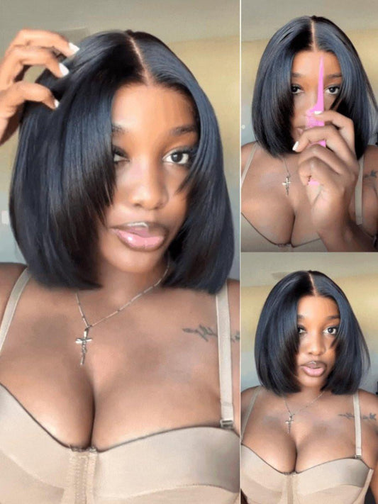 UNICE 7x5 Spitzen-Bob-Perücke mit Stirnband – Yaki Straight, Layered Cut, 180% Dichte, 12 Zoll, Echthaar