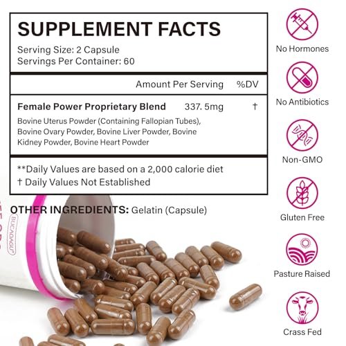 Rinderorgane-Präparat für Frauen – Weidehaltung aus Neuseeland, grasgefütterte Leber, Niere, Herz, Gebärmutter, Eierstock – Unterstützt weibliche Energie & Hormonbalance – Eisen, B12 & CoQ10 – 120 Kapseln