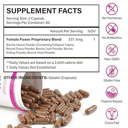 Rinderorgane-Präparat für Frauen – Weidehaltung aus Neuseeland, grasgefütterte Leber, Niere, Herz, Gebärmutter, Eierstock – Unterstützt weibliche Energie & Hormonbalance – Eisen, B12 & CoQ10 – 120 Kapseln