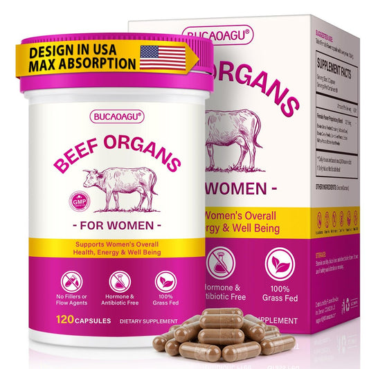 Rinderorgane-Präparat für Frauen – Weidehaltung aus Neuseeland, grasgefütterte Leber, Niere, Herz, Gebärmutter, Eierstock – Unterstützt weibliche Energie & Hormonbalance – Eisen, B12 & CoQ10 – 120 Kapseln