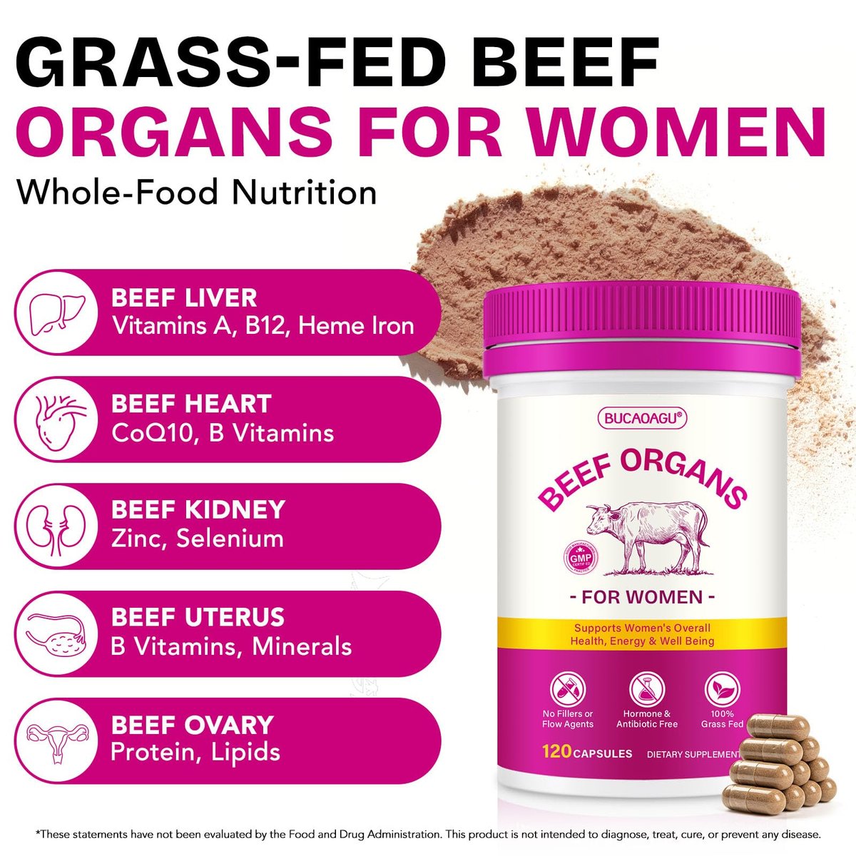 Rinderorgane-Präparat für Frauen – Weidehaltung aus Neuseeland, grasgefütterte Leber, Niere, Herz, Gebärmutter, Eierstock – Unterstützt weibliche Energie & Hormonbalance – Eisen, B12 & CoQ10 – 120 Kapseln