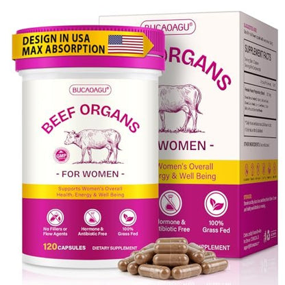 Rinderorgane-Präparat für Frauen – Weidehaltung aus Neuseeland, grasgefütterte Leber, Niere, Herz, Gebärmutter, Eierstock – Unterstützt weibliche Energie & Hormonbalance – Eisen, B12 & CoQ10 – 120 Kapseln