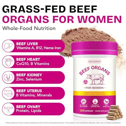 Rinderorgane-Präparat für Frauen – Weidehaltung aus Neuseeland, grasgefütterte Leber, Niere, Herz, Gebärmutter, Eierstock – Unterstützt weibliche Energie & Hormonbalance – Eisen, B12 & CoQ10 – 120 Kapseln