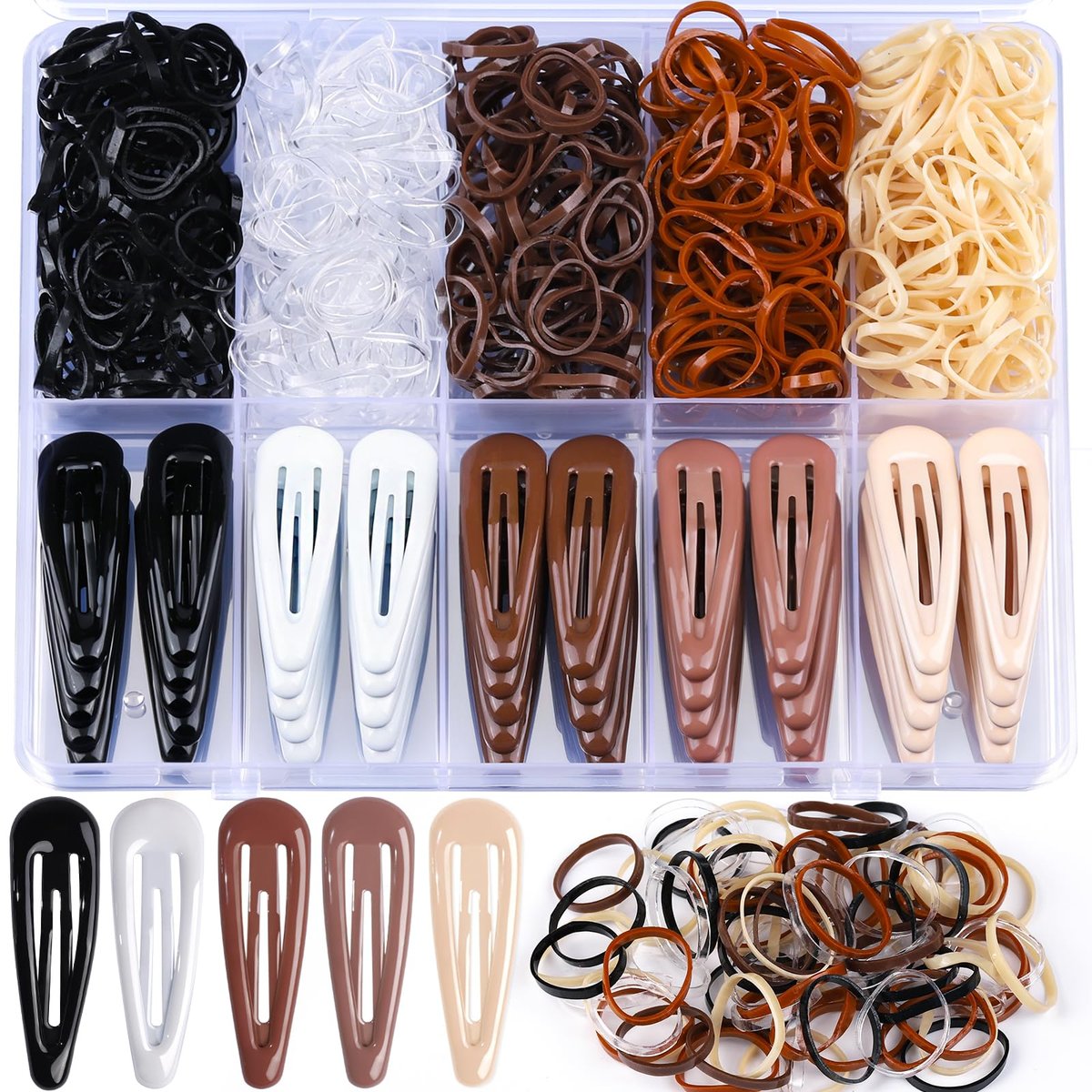 YGDZ 550-teiliges Haarspangen-Set, 2-Zoll-Schnapp-Haarklammern für Frauen 50 Stück, elastische Haargummis 500 Stück, Metall-Haarklammern, Haaraccessoires für Frauen und Mädchen, 5 Farben