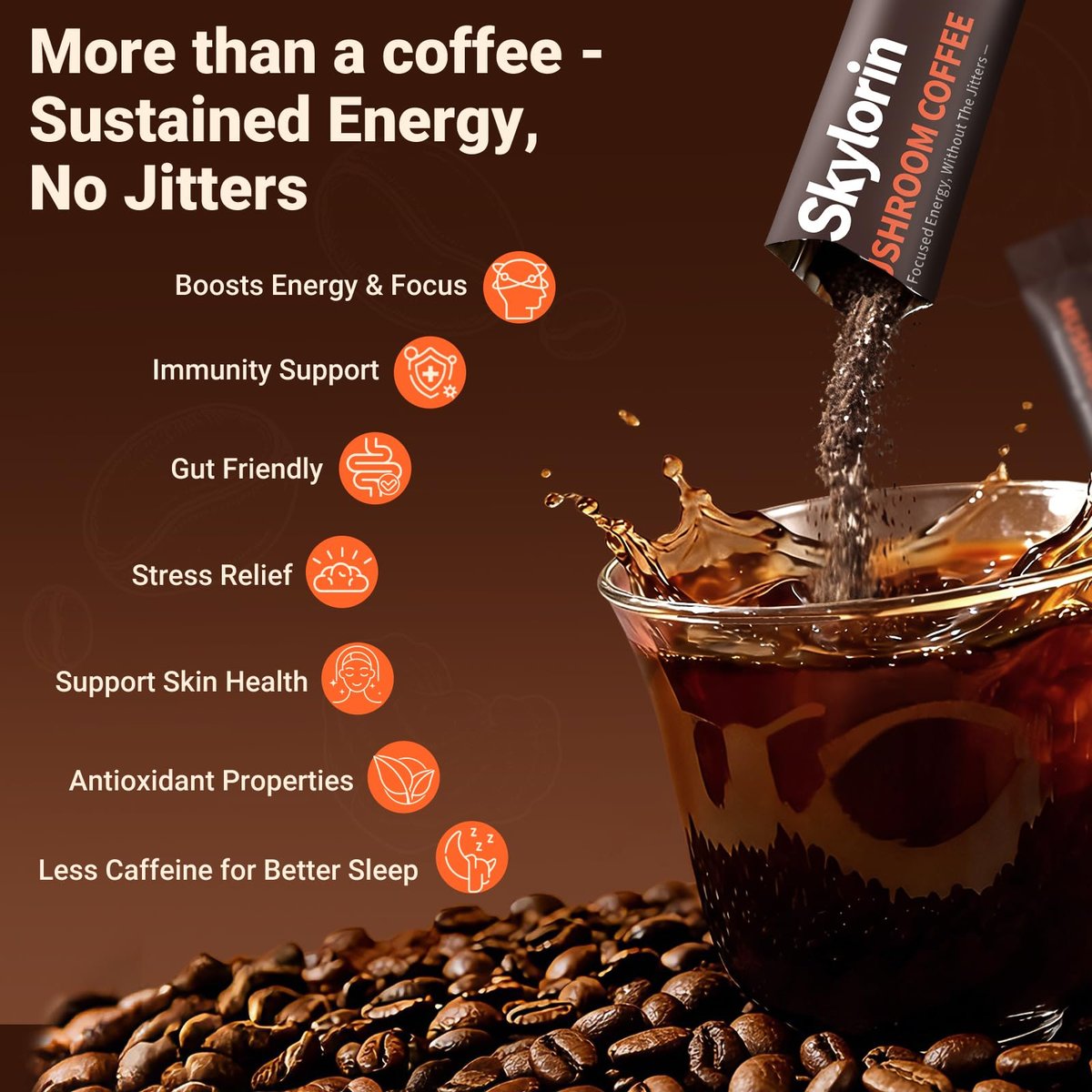 Skylorin 30 Sticks Instant Mushroom Coffee – 7 Adaptogene Pilze & 3000 mg hydrolysiertes Kollagen, Ashwagandha & L-Theanin – Glatte, säurearme Kaffeepäckchen für Fokus, Energie, Haut & Immunsystem – Wenig Koffein, kein Zittern