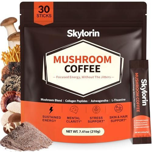 Skylorin 30 Sticks Instant Mushroom Coffee – 7 Adaptogene Pilze & 3000 mg hydrolysiertes Kollagen, Ashwagandha & L-Theanin – Glatte, säurearme Kaffeepäckchen für Fokus, Energie, Haut & Immunsystem – Wenig Koffein, kein Zittern