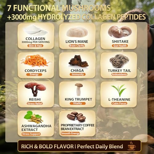 Skylorin 30 Sticks Instant Mushroom Coffee – 7 Adaptogene Pilze & 3000 mg hydrolysiertes Kollagen, Ashwagandha & L-Theanin – Glatte, säurearme Kaffeepäckchen für Fokus, Energie, Haut & Immunsystem – Wenig Koffein, kein Zittern