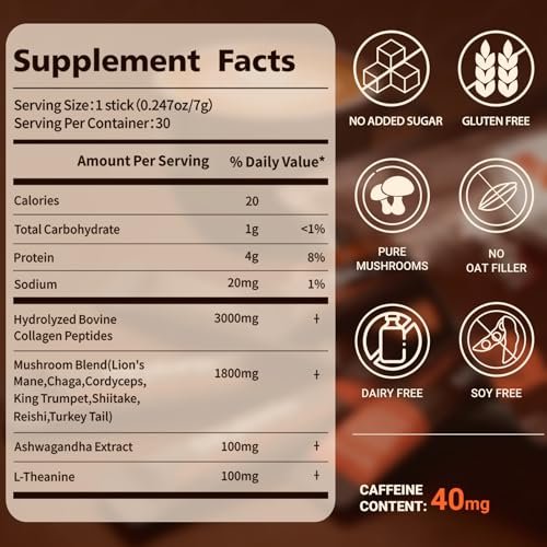 Skylorin 30 Sticks Instant Mushroom Coffee – 7 Adaptogene Pilze & 3000 mg hydrolysiertes Kollagen, Ashwagandha & L-Theanin – Glatte, säurearme Kaffeepäckchen für Fokus, Energie, Haut & Immunsystem – Wenig Koffein, kein Zittern