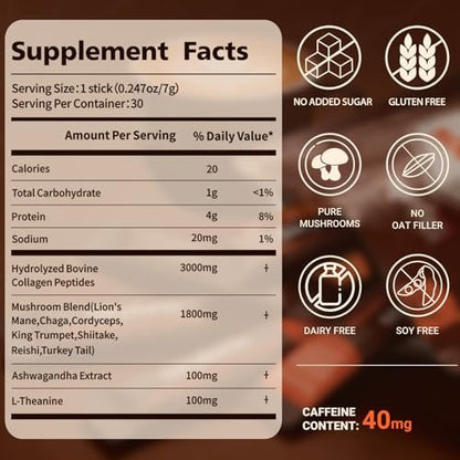 Skylorin 30 Sticks Instant Mushroom Coffee – 7 Adaptogene Pilze & 3000 mg hydrolysiertes Kollagen, Ashwagandha & L-Theanin – Glatte, säurearme Kaffeepäckchen für Fokus, Energie, Haut & Immunsystem – Wenig Koffein, kein Zittern