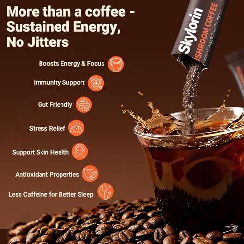 Skylorin 30 Sticks Instant Mushroom Coffee – 7 Adaptogene Pilze & 3000 mg hydrolysiertes Kollagen, Ashwagandha & L-Theanin – Glatte, säurearme Kaffeepäckchen für Fokus, Energie, Haut & Immunsystem – Wenig Koffein, kein Zittern