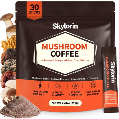 Skylorin 30 Sticks Instant Mushroom Coffee – 7 Adaptogene Pilze & 3000 mg hydrolysiertes Kollagen, Ashwagandha & L-Theanin – Glatte, säurearme Kaffeepäckchen für Fokus, Energie, Haut & Immunsystem – Wenig Koffein, kein Zittern