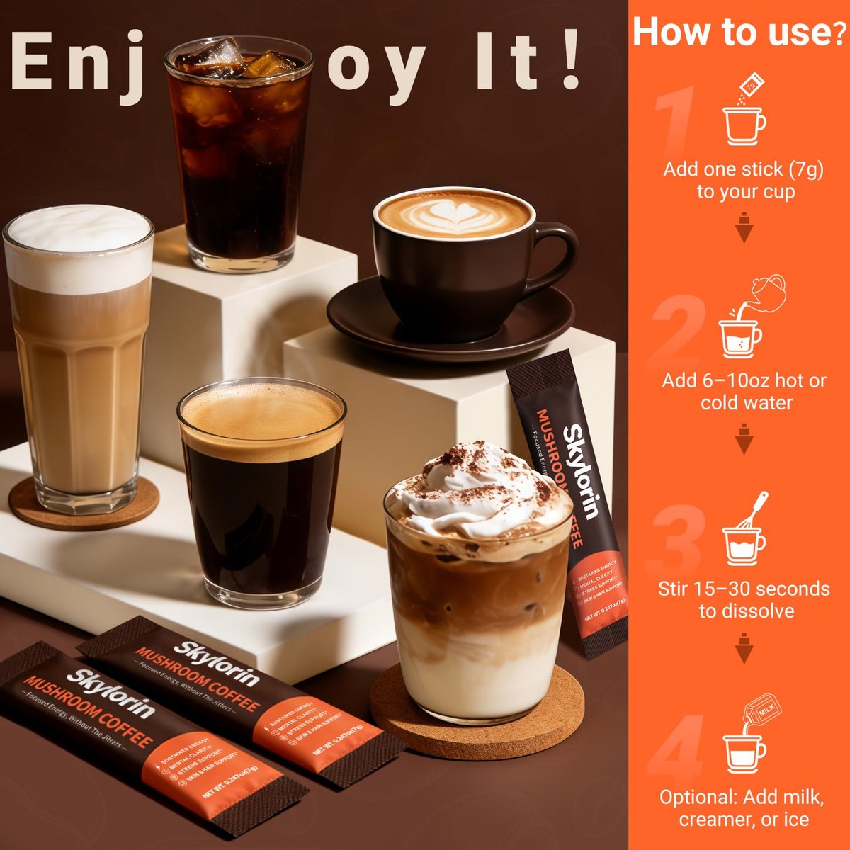 Skylorin 30 Sticks Instant Mushroom Coffee – 7 Adaptogene Pilze & 3000 mg hydrolysiertes Kollagen, Ashwagandha & L-Theanin – Glatte, säurearme Kaffeepäckchen für Fokus, Energie, Haut & Immunsystem – Wenig Koffein, kein Zittern
