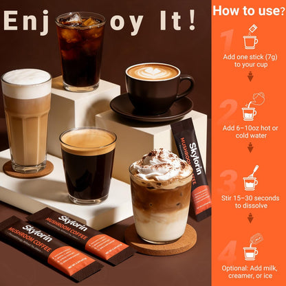 Skylorin 30 Sticks Instant Mushroom Coffee – 7 Adaptogene Pilze & 3000 mg hydrolysiertes Kollagen, Ashwagandha & L-Theanin – Glatte, säurearme Kaffeepäckchen für Fokus, Energie, Haut & Immunsystem – Wenig Koffein, kein Zittern