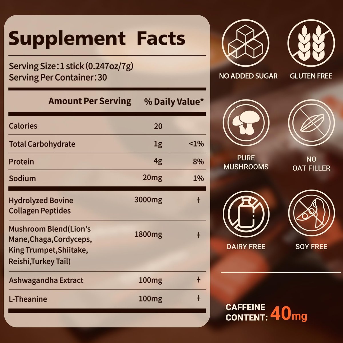 Skylorin 30 Sticks Instant Mushroom Coffee – 7 Adaptogene Pilze & 3000 mg hydrolysiertes Kollagen, Ashwagandha & L-Theanin – Glatte, säurearme Kaffeepäckchen für Fokus, Energie, Haut & Immunsystem – Wenig Koffein, kein Zittern