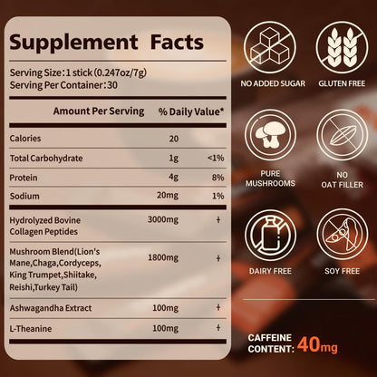 Skylorin 30 Sticks Instant Mushroom Coffee – 7 Adaptogene Pilze & 3000 mg hydrolysiertes Kollagen, Ashwagandha & L-Theanin – Glatte, säurearme Kaffeepäckchen für Fokus, Energie, Haut & Immunsystem – Wenig Koffein, kein Zittern