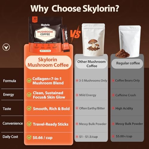 Skylorin 30 Sticks Instant Mushroom Coffee – 7 Adaptogene Pilze & 3000 mg hydrolysiertes Kollagen, Ashwagandha & L-Theanin – Glatte, säurearme Kaffeepäckchen für Fokus, Energie, Haut & Immunsystem – Wenig Koffein, kein Zittern