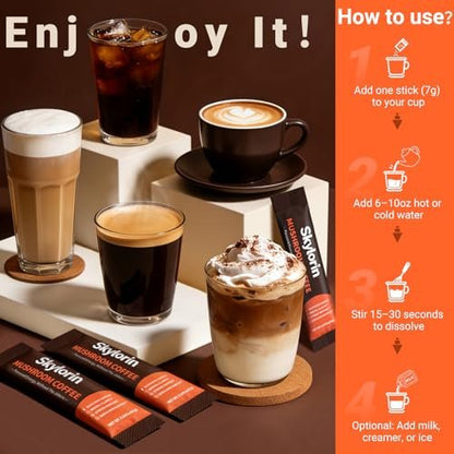 Skylorin 30 Sticks Instant Mushroom Coffee – 7 Adaptogene Pilze & 3000 mg hydrolysiertes Kollagen, Ashwagandha & L-Theanin – Glatte, säurearme Kaffeepäckchen für Fokus, Energie, Haut & Immunsystem – Wenig Koffein, kein Zittern