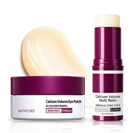 Peksozi Augenpflege-Set – Calcium Multi-Balm Stick + Augenpads 30 Paare, Kollagen-Feuchtigkeitsstick, nährende Calcium-Volumen-Balsam, sanfte Formel, Augenpflege & tägliche Hautpflege