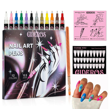 GIDEROS Nagelkunst-Stifte, 0,5 mm Präzisionsspitze, 12 Farben 3D-Nagelkunst-Set für DIY, Profis und Anfänger