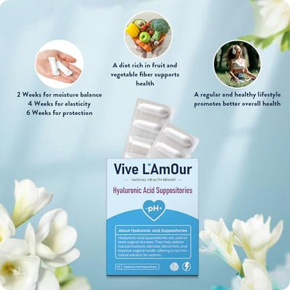 Vive L'Amour 15mg Hyaluronsäure Vaginalzäpfchen, Vaginalfeuchtigkeitscreme, kontinuierliche Hydratation, lindert vaginale Trockenheit, stellt natürliche Weichheit & Elastizität wieder her, Vaginalgesundheit (12 Stück)