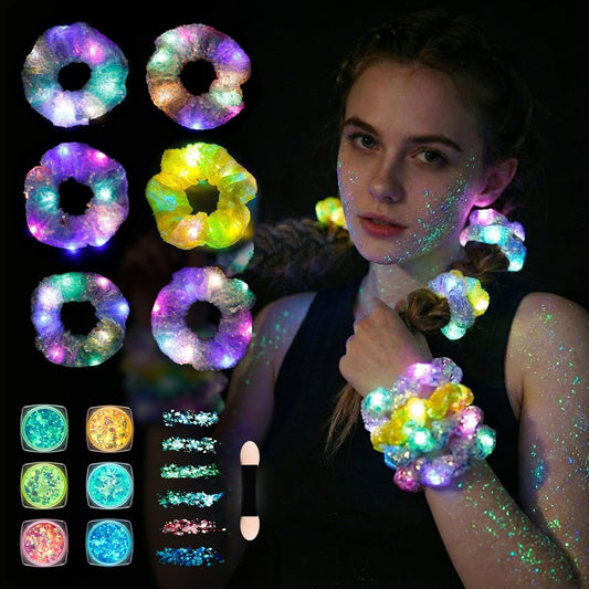 2-in-1 Glow Party Set: LED Scrunchies & Glow-in-Dark Body Glitter Gel – 6 Farben leuchtende Haargummis & funkelndes Körperglitzer für Mädchen, Festival, Rave & Partyzubehör