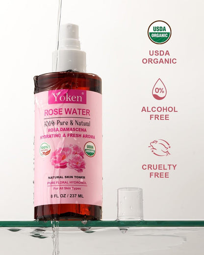 Yoken Bio Rosenwasser Spray für das Gesicht, 240 ml Feinsprühnebel, Gesichtsnebel mit 100 % reinem & natürlichem Rosa Damascena Rosenhydrolat, USDA Bio-zertifiziert, alkoholfrei, vegan, ohne Farbstoffe