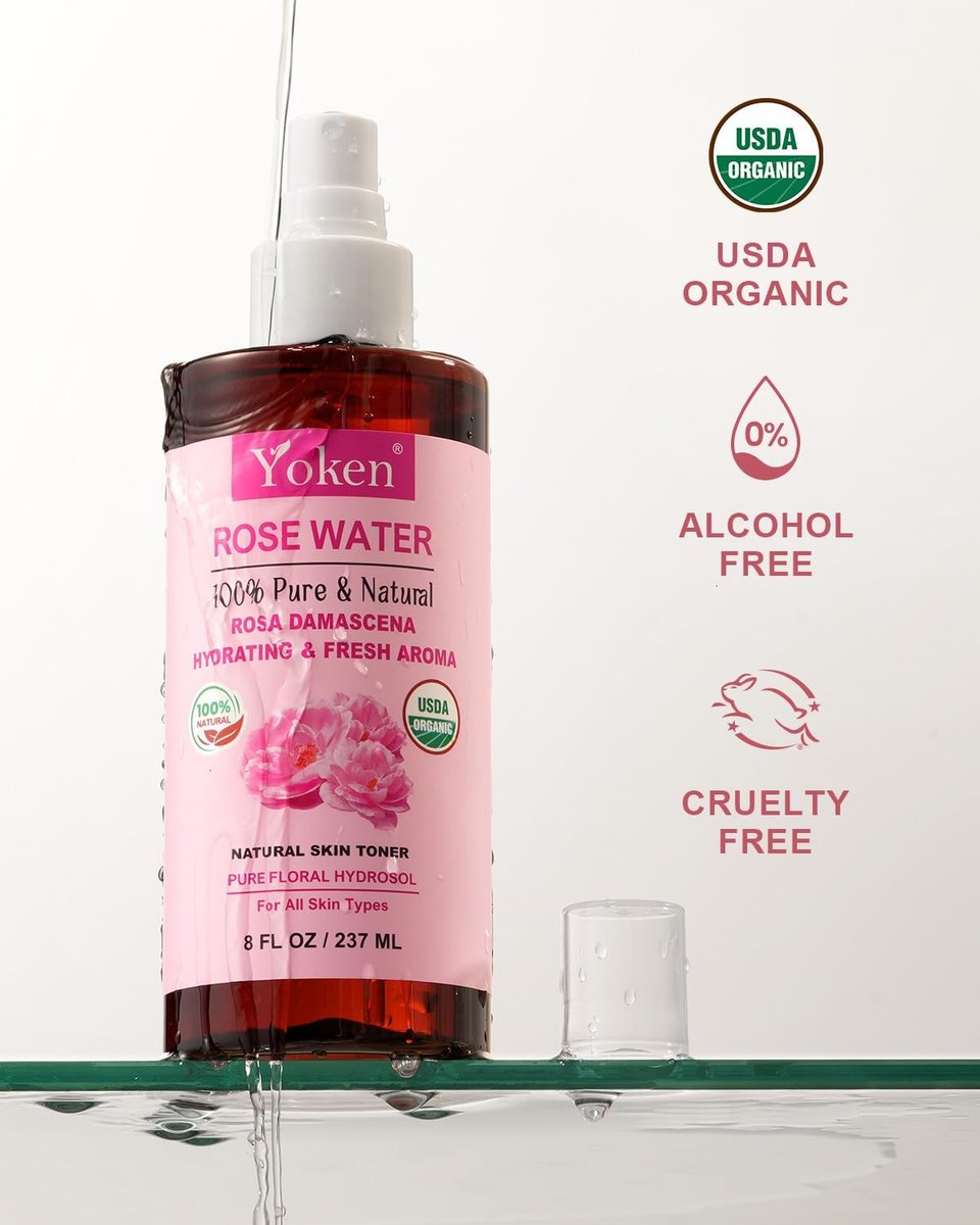 Yoken Bio Rosenwasser Spray für das Gesicht, 240 ml Feinsprühnebel, Gesichtsnebel mit 100 % reinem & natürlichem Rosa Damascena Rosenhydrolat, USDA Bio-zertifiziert, alkoholfrei, vegan, ohne Farbstoffe