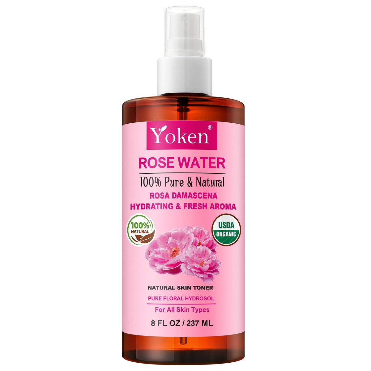 Yoken Bio Rosenwasser Spray für das Gesicht, 240 ml Feinsprühnebel, Gesichtsnebel mit 100 % reinem & natürlichem Rosa Damascena Rosenhydrolat, USDA Bio-zertifiziert, alkoholfrei, vegan, ohne Farbstoffe