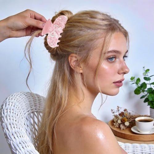 Rosa Schleifen-Haarkrallen für Frauen, mittelgroße, rutschfeste Krallen für dickes Haar, ästhetische funkelnde Haarspangen mit Strasssteinen, große Haarspangen für Teenager, süße hübsche Haaraccessoires