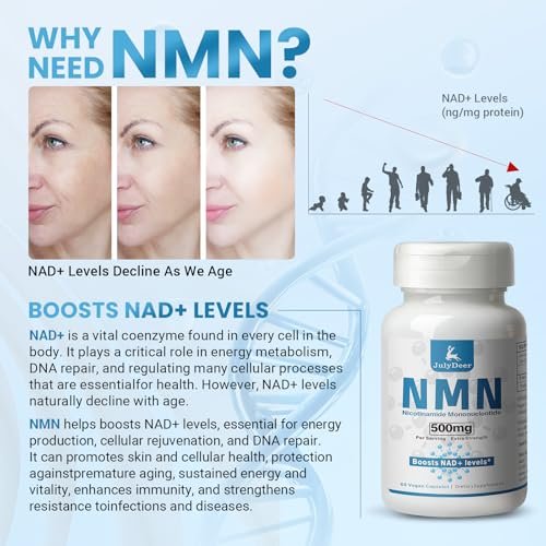 JulyDeer NMN 500mg – Hochreines Nicotinamid-Mononukleotid für mehr NAD+, Zellgesundheit, Energie und Anti-Aging – 60 Kapseln