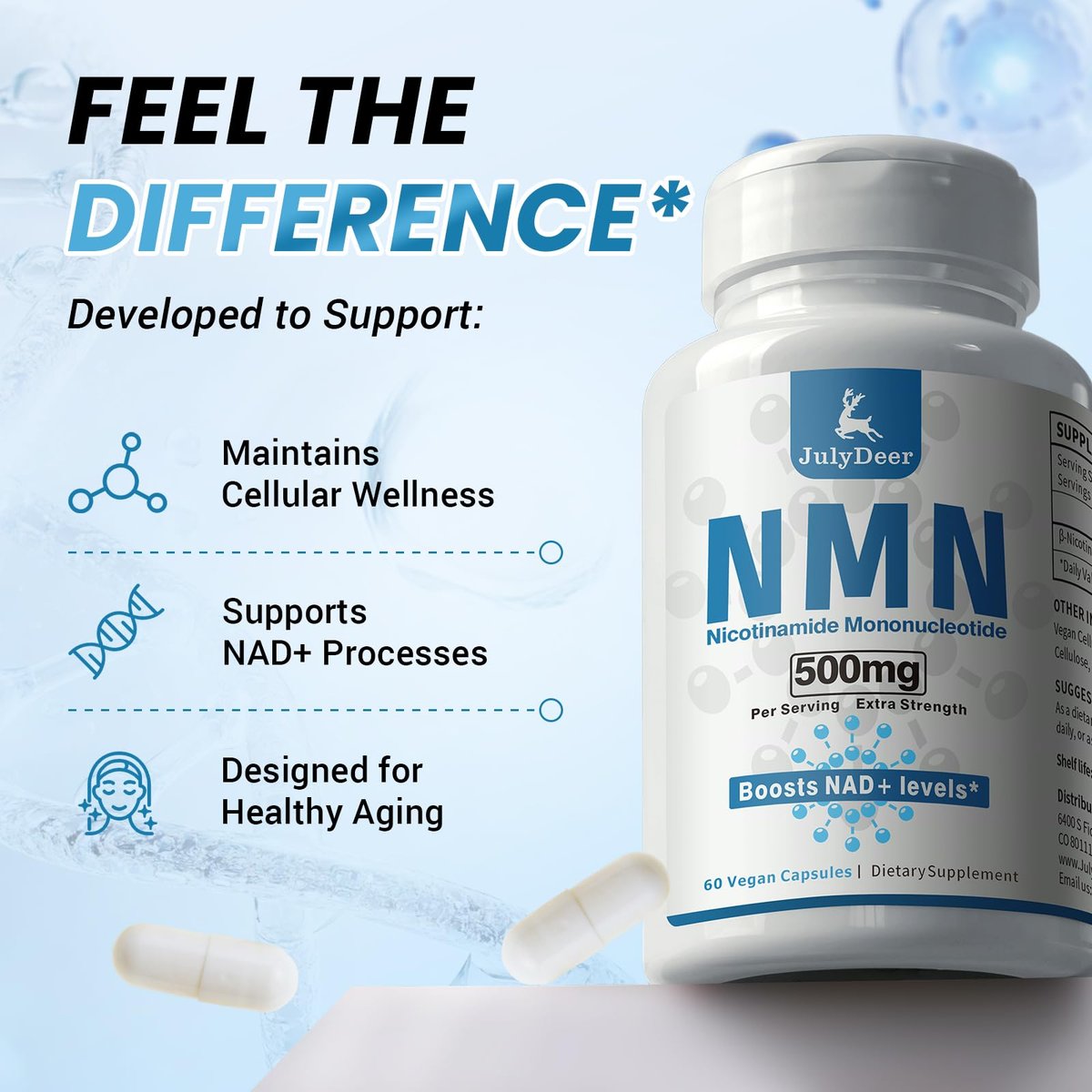 JulyDeer NMN 500mg – Hochreines Nicotinamid-Mononukleotid für mehr NAD+, Zellgesundheit, Energie und Anti-Aging – 60 Kapseln