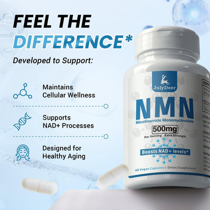 JulyDeer NMN 500mg – Hochreines Nicotinamid-Mononukleotid für mehr NAD+, Zellgesundheit, Energie und Anti-Aging – 60 Kapseln