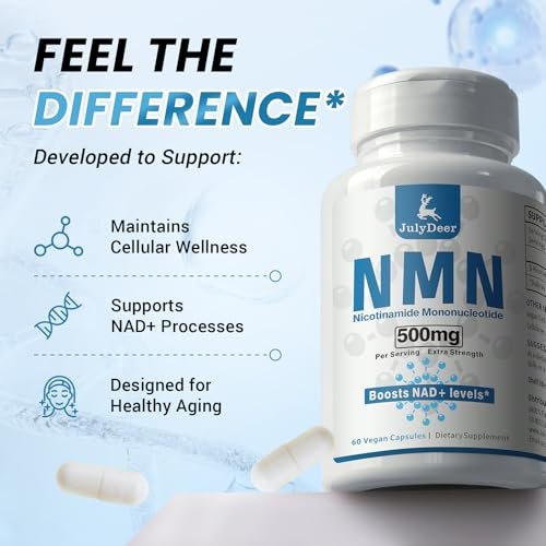 JulyDeer NMN 500mg – Hochreines Nicotinamid-Mononukleotid für mehr NAD+, Zellgesundheit, Energie und Anti-Aging – 60 Kapseln