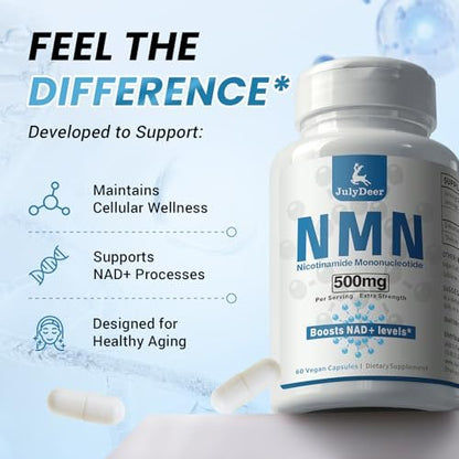 JulyDeer NMN 500mg – Hochreines Nicotinamid-Mononukleotid für mehr NAD+, Zellgesundheit, Energie und Anti-Aging – 60 Kapseln