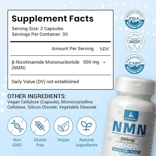 JulyDeer NMN 500mg – Hochreines Nicotinamid-Mononukleotid für mehr NAD+, Zellgesundheit, Energie und Anti-Aging – 60 Kapseln