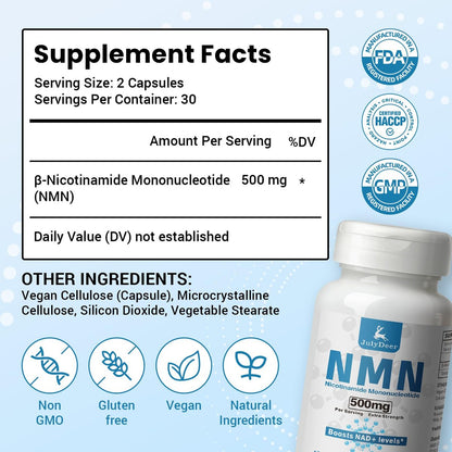 JulyDeer NMN 500mg – Hochreines Nicotinamid-Mononukleotid für mehr NAD+, Zellgesundheit, Energie und Anti-Aging – 60 Kapseln