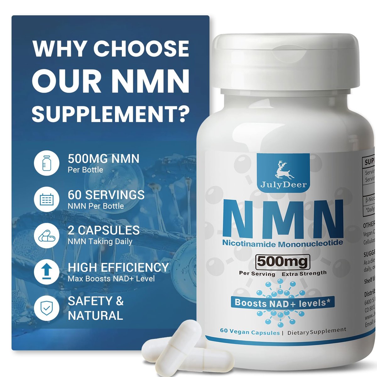 JulyDeer NMN 500mg – Hochreines Nicotinamid-Mononukleotid für mehr NAD+, Zellgesundheit, Energie und Anti-Aging – 60 Kapseln