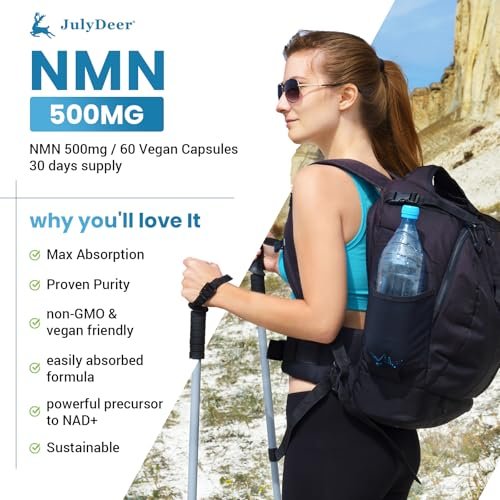 JulyDeer NMN 500mg – Hochreines Nicotinamid-Mononukleotid für mehr NAD+, Zellgesundheit, Energie und Anti-Aging – 60 Kapseln