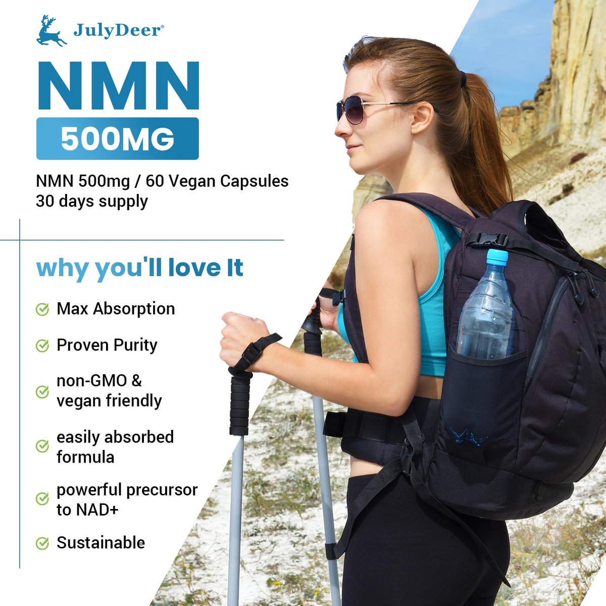 JulyDeer NMN 500mg – Hochreines Nicotinamid-Mononukleotid für mehr NAD+, Zellgesundheit, Energie und Anti-Aging – 60 Kapseln