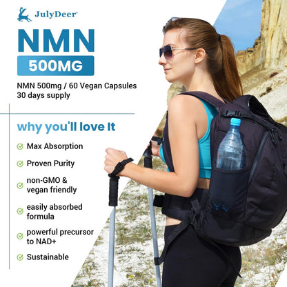 JulyDeer NMN 500mg – Hochreines Nicotinamid-Mononukleotid für mehr NAD+, Zellgesundheit, Energie und Anti-Aging – 60 Kapseln