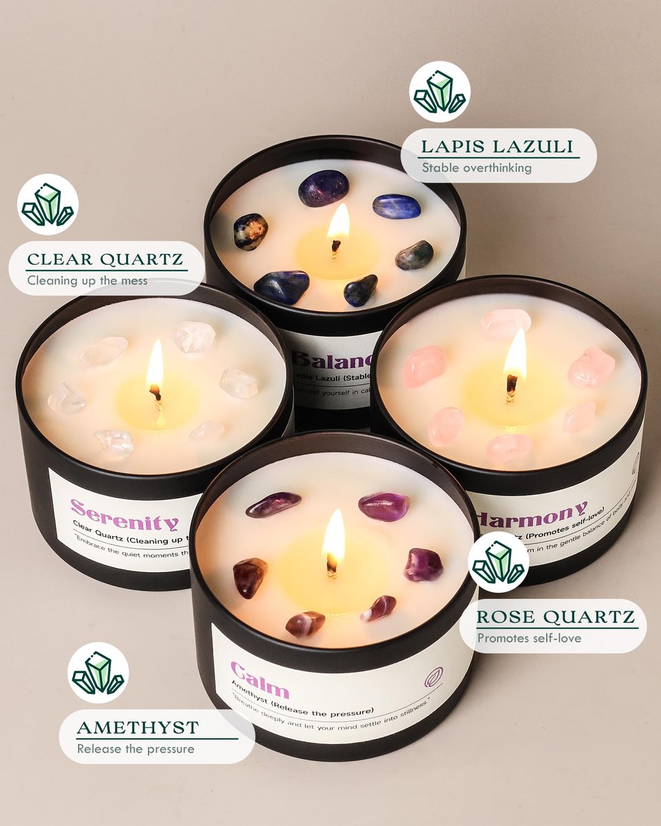 AOOVOO Kristall-Beruhigungskerzen Set für Frauen - 4er-Pack 26 oz Sojawachs-Kerze für duftendes Zuhause, 200 Stunden langanhaltende Kerze, Calm Amethyst/Serenity Clear Quartz/Harmony Rose Quartz/Balance Lapis Lazuli