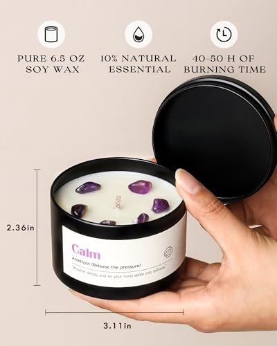 AOOVOO Kristall-Beruhigungskerzen Set für Frauen - 4er-Pack 26 oz Sojawachs-Kerze für duftendes Zuhause, 200 Stunden langanhaltende Kerze, Calm Amethyst/Serenity Clear Quartz/Harmony Rose Quartz/Balance Lapis Lazuli