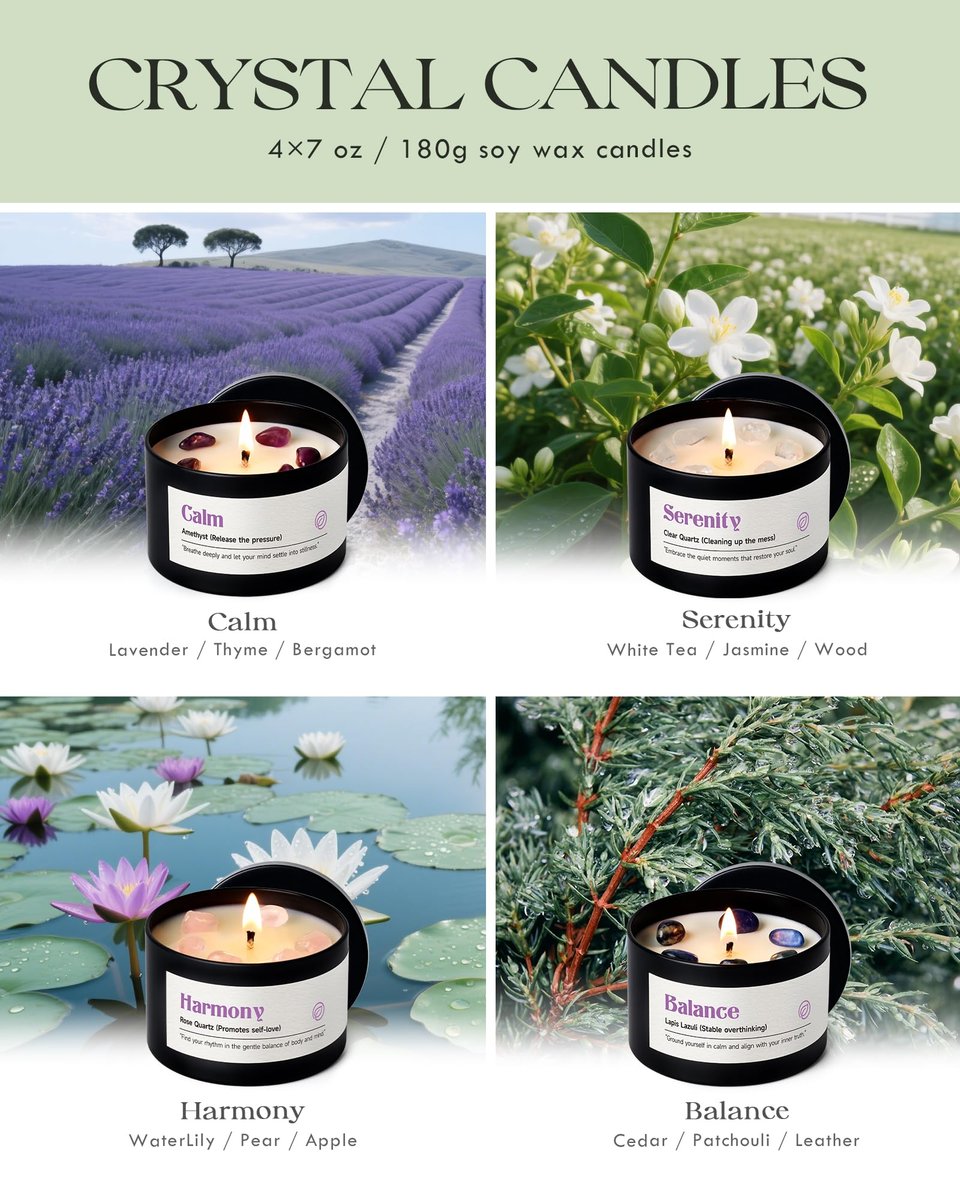 AOOVOO Kristall-Beruhigungskerzen Set für Frauen - 4er-Pack 26 oz Sojawachs-Kerze für duftendes Zuhause, 200 Stunden langanhaltende Kerze, Calm Amethyst/Serenity Clear Quartz/Harmony Rose Quartz/Balance Lapis Lazuli