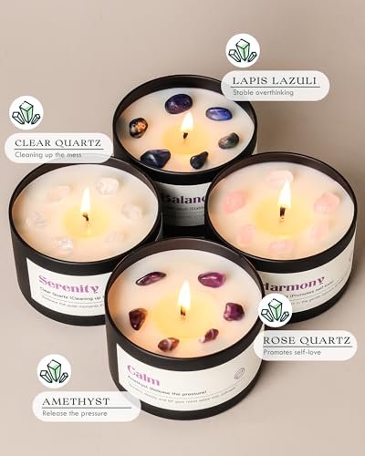 AOOVOO Kristall-Beruhigungskerzen Set für Frauen - 4er-Pack 26 oz Sojawachs-Kerze für duftendes Zuhause, 200 Stunden langanhaltende Kerze, Calm Amethyst/Serenity Clear Quartz/Harmony Rose Quartz/Balance Lapis Lazuli